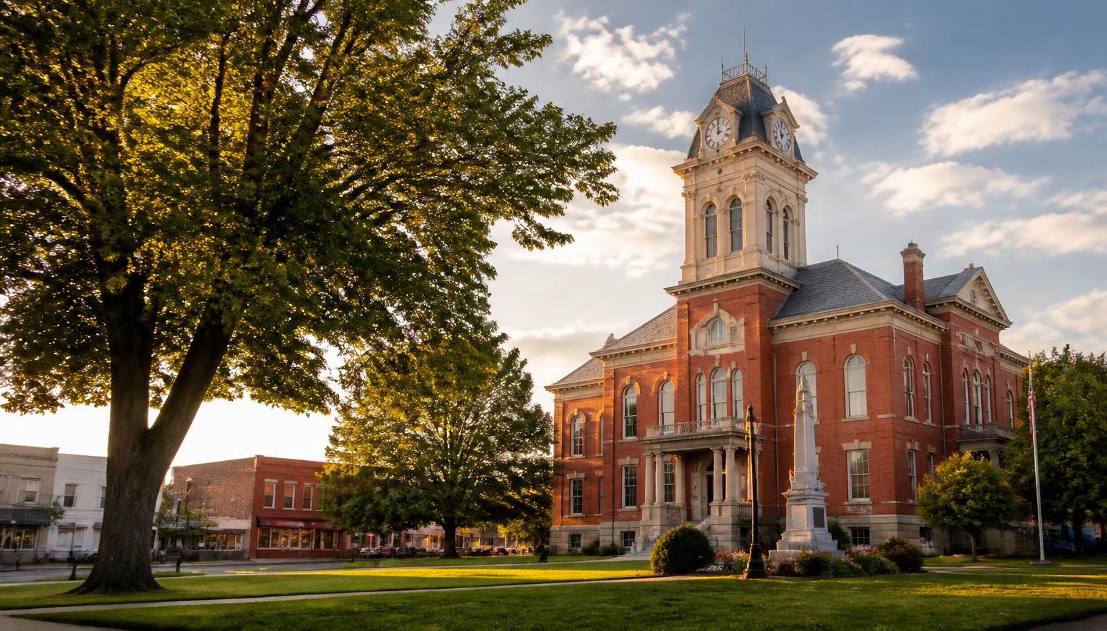County courthouse square with a brick clock tower at golden hour